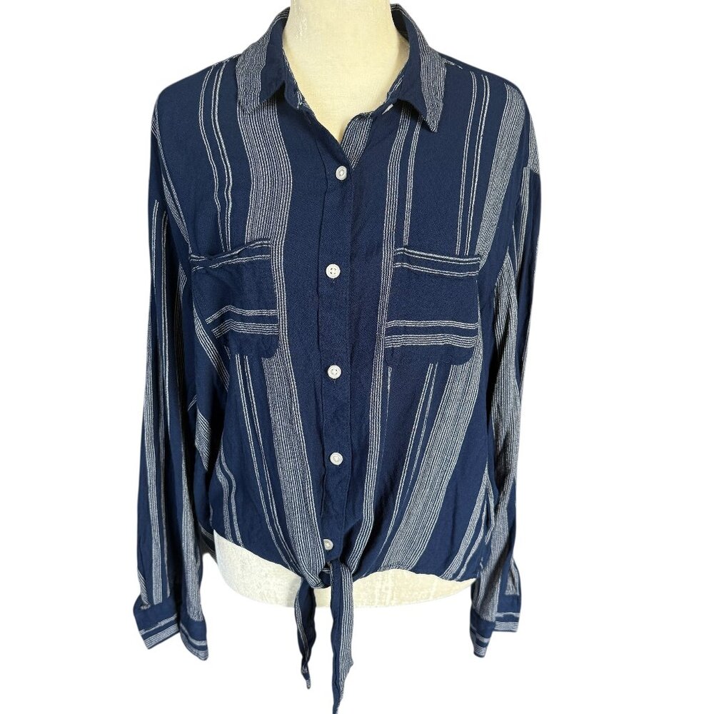 So blue and white striped collared long sleeve button down tie front shirt XL